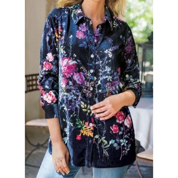 {Soft Surroundings} Floral Print Velvet Button-up Tunic Shirt - PM - Picture 1 of 14